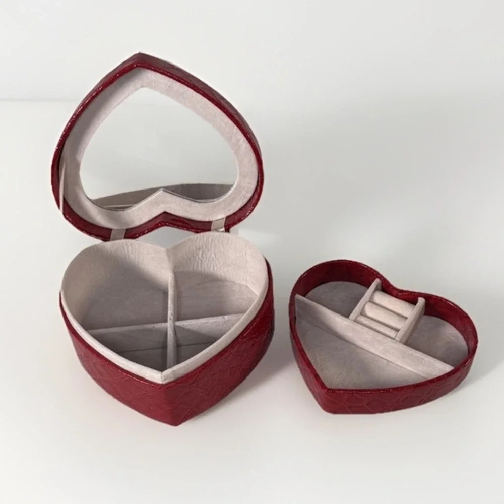 Red Faux Croc Heart Jewelry Box Travel Case Mirror Removable Tray Divided‎ 86-00